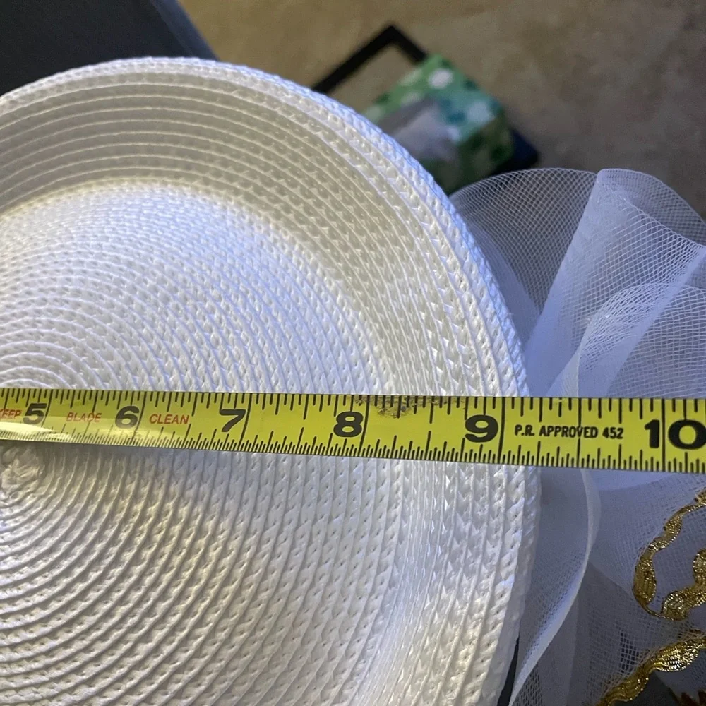 Hat Women's White Pillbox gold trim Large Mesh Bow church hat